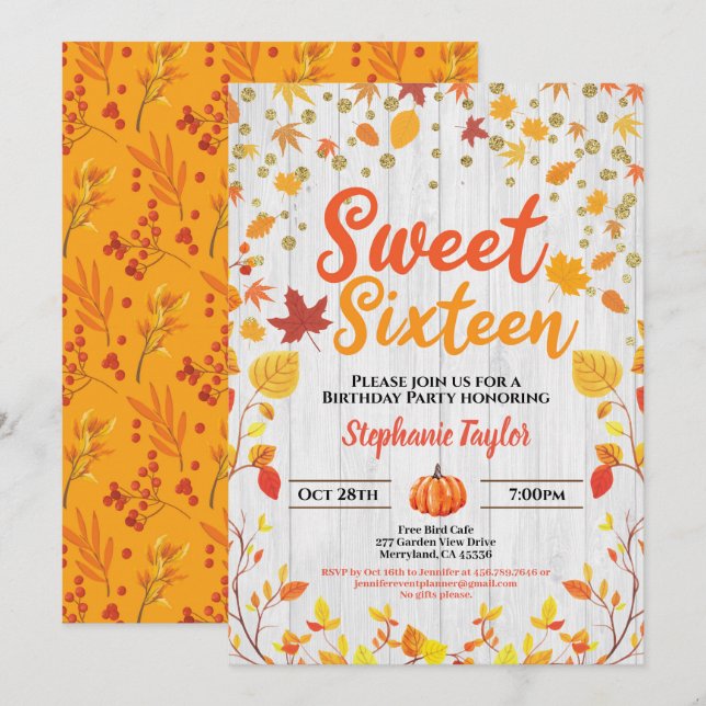 Fall sweet sixteen 16 birthday party thanksgiving invitation (Front/Back)