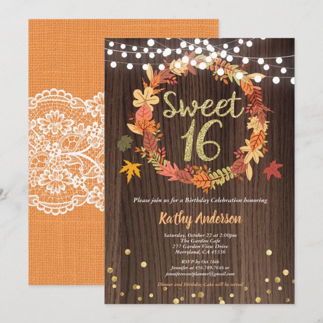 Fall sweet sixteen 16 birthday rustic wood wreath invitation (Front/Back)
