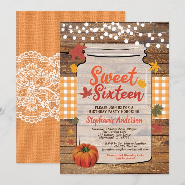 Fall sweet sixteen 16 rustic wood mason jar invitation (Front/Back)