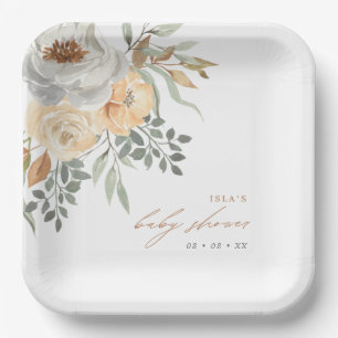 Fall Tan & Grey Floral Baby Shower Paper Plate