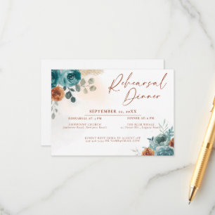 Fall Teal Burnt Orange Boho Wedding Rehearsal Enclosure Card