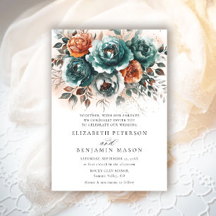 Fall Teal Burnt Orange Floral Bouquet Wedding Invitation