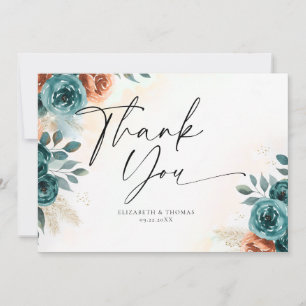 Fall Teal Burnt Orange Roses Romantic Greenery Thank You Card