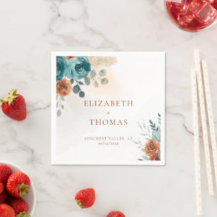 Fall Teal Burnt Orange Roses Watercolor Greenery Napkin