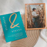 Fall teal orange ampersand names photo wedding invitation<br><div class="desc">Modern chic fall autumn gold,  teal and blush pink with an  ampersand names photo wedding on editable teal. A simple,  modern and minimalist wedding invitation. All colours are editable.</div>