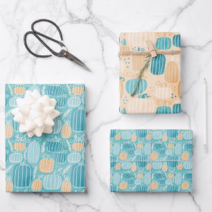 Fall Teal Pumpkins Wrapping Paper Sheet