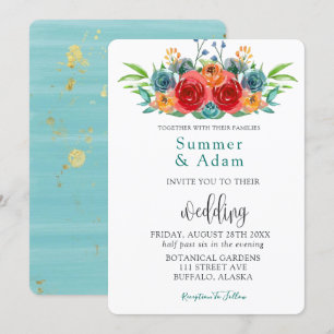 Fall Teal Red Orange Watercolor Roses Wedding Invi Invitation