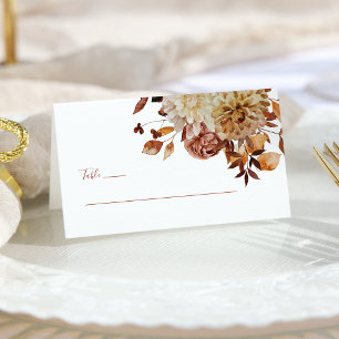 Fall Teal Terracotta Watercolor Floral Wedding Place Card