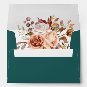 Fall Teal Watercolor Terracotta Floral wedding Envelope