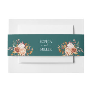 Fall Teal Watercolor Terracotta Floral wedding Invitation Belly Band