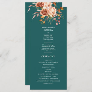 Fall Teal Watercolor Terracotta Floral wedding Programme