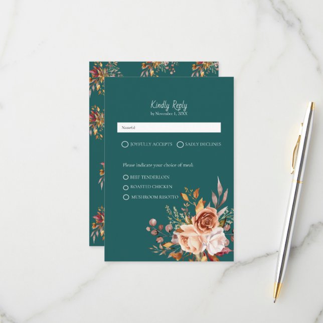 Fall Teal Watercolor Terracotta Floral wedding RSVP Card (Front/Back In Situ)