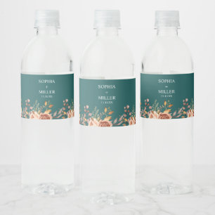 Fall Teal Watercolor Terracotta Floral wedding Water Bottle Label