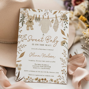 Fall Teddy Bear Clothesline Baby Shower Invitation