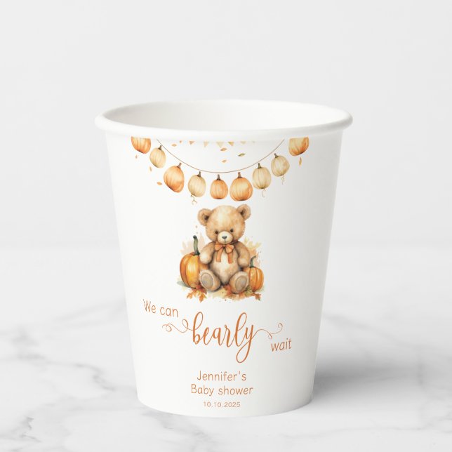 Fall teddy bear pumpkin boho baby shower paper cups (Front)