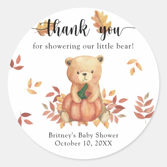 Fall Teddy bear with pumpkin thank you Classic Round Sticker (Front)