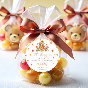 Fall Teddy Bear with Pumpkins Baby Shower Classic Round Sticker
