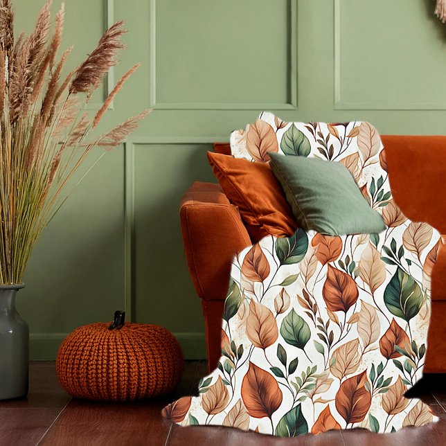 Fall terra cotta and sage leaves pattern fleece blanket (Creator Uploaded)