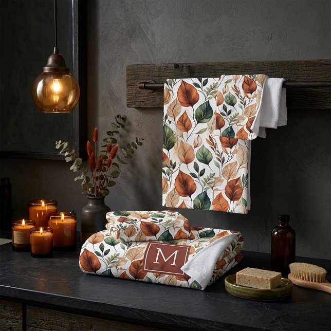Fall terra cotta and sage leaves pattern monogram bath towel set (Creator Uploaded)