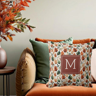 Fall terra cotta and sage leaves pattern monogram cushion