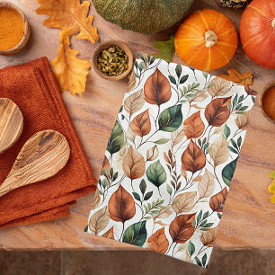 Fall terra cotta and sage leaves pattern tea towel