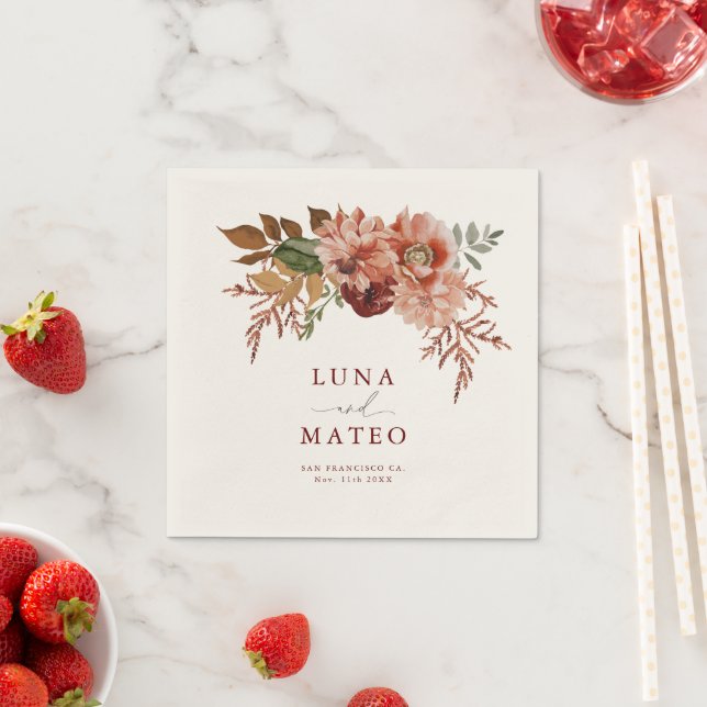 Fall Terracotta and Burgundy Floral Wedding Invita Napkin (Insitu)