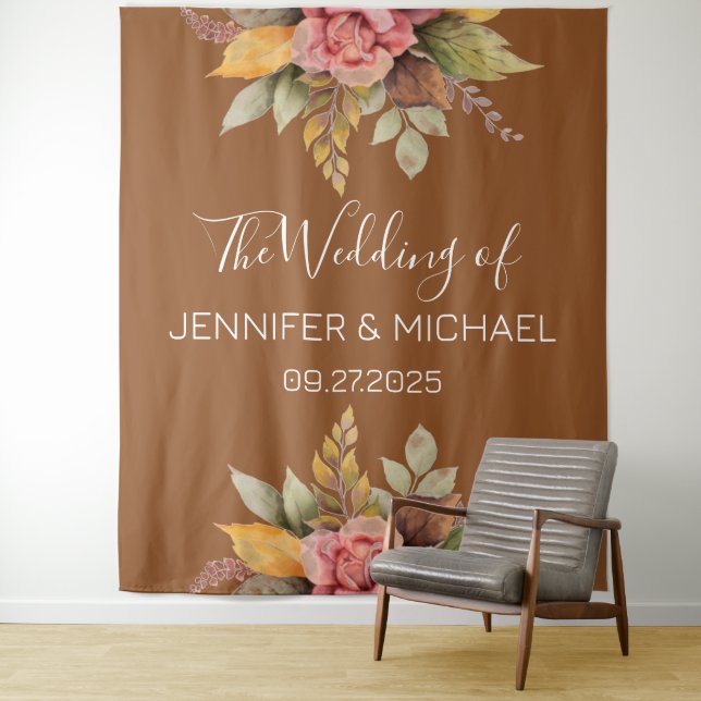 Fall Terracotta Autumn Boho Floral Wedding Tapestry (In Situ)