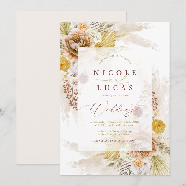 Fall Terracotta Autumn Boho Pampas Grass Wedding Invitation (Front/Back)
