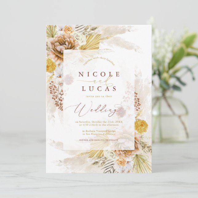 Fall Terracotta Autumn Boho Pampas Grass Wedding Invitation (Standing Front)