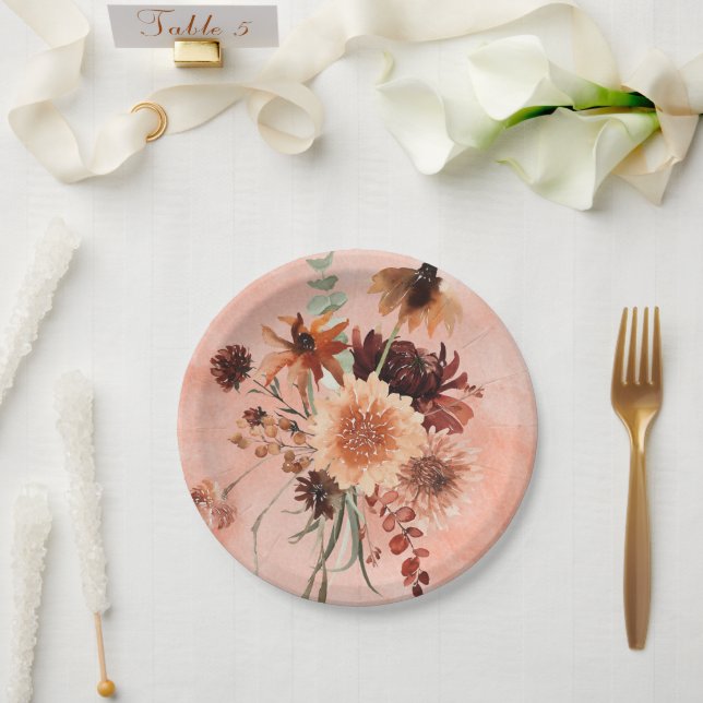 Fall Terracotta Boho Floral Bouquet Paper Plates (Wedding)
