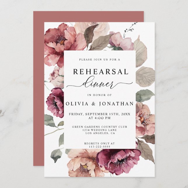 Fall Terracotta Burgundy Floral Rehearsal Dinner Invitation (Front/Back)
