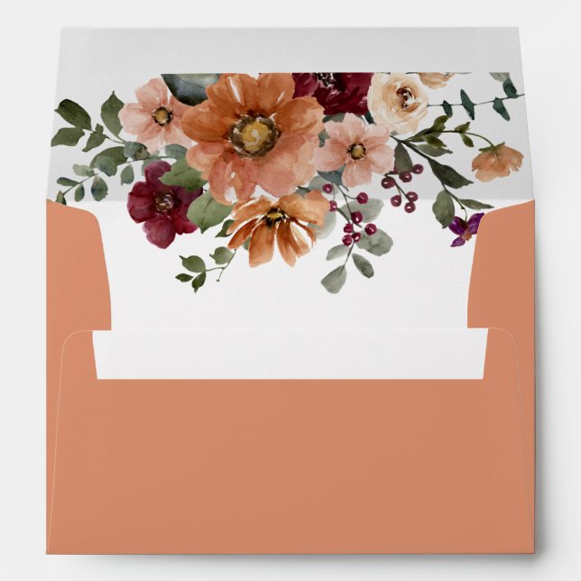 Fall Terracotta Burgundy Floral Wedding Envelope (Back (Bottom))