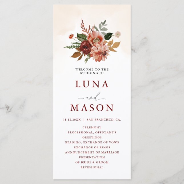Fall Terracotta Burgundy Floral Wedding  Programme (Front)