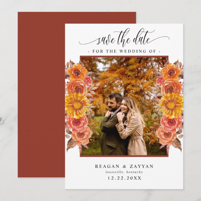 Fall Terracotta Floral Photo Save The Date (Front/Back)