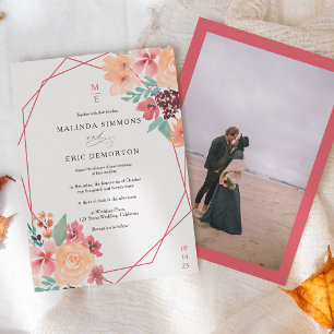 Fall terracotta floral watercolor photo wedding invitation