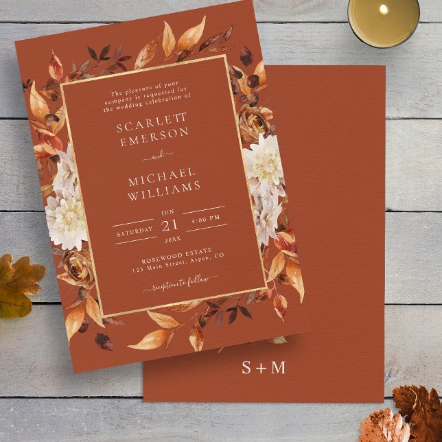 Fall Terracotta Floral Wedding Invitation (Elegant Fall Terracotta Floral Copper Wedding Invitation Monogram on back by Painted Paperie
)