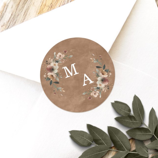 Fall Terracotta Floral Wreath Wedding Monogram Classic Round Sticker (Seal your wedding details with love using our custom monogram stickers, tailored for elegance.)