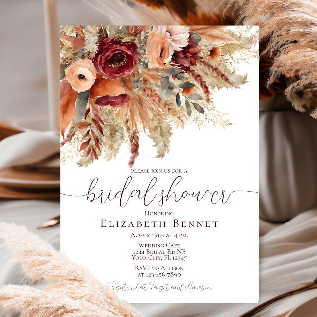 Fall Terracotta Florals Pampas Grass Bridal Shower Invitation (Creator Uploaded)