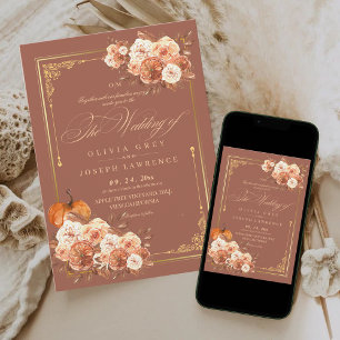 Fall Terracotta Gold Floral Boho Rustic Wedding  Invitation