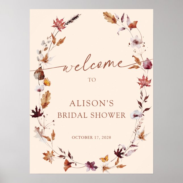 Fall Terracotta Leaf Wreath  Bridal Shower Welcome Poster (Front)