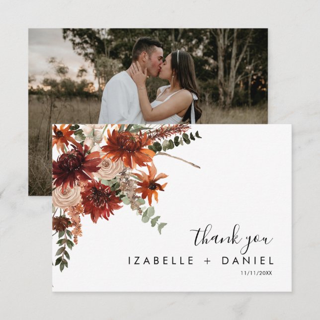 Fall Terracotta Photo Wedding Thank You Card (Front/Back)