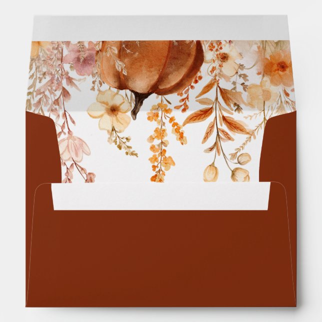 Fall Terracotta Pumpkin and Wildflowers Wedding Envelope (Back (Bottom))