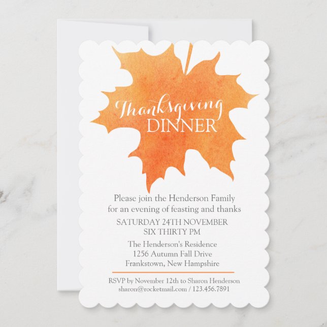Fall thanksgiving dinner invite watercolor leaf (Front)