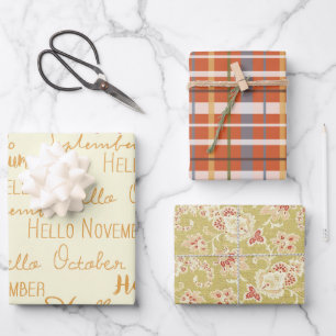 Fall Thanksgiving Floral Orange Plaid Hearts Wrapping Paper Sheet