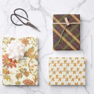 Fall Thanksgiving Floral Orange Plaid Hearts Wrapping Paper Sheet