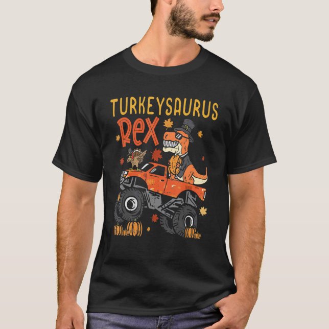 Fall Thanksgiving Kid Boy Men Dinosaur Pilgrim Mon T-Shirt (Front)