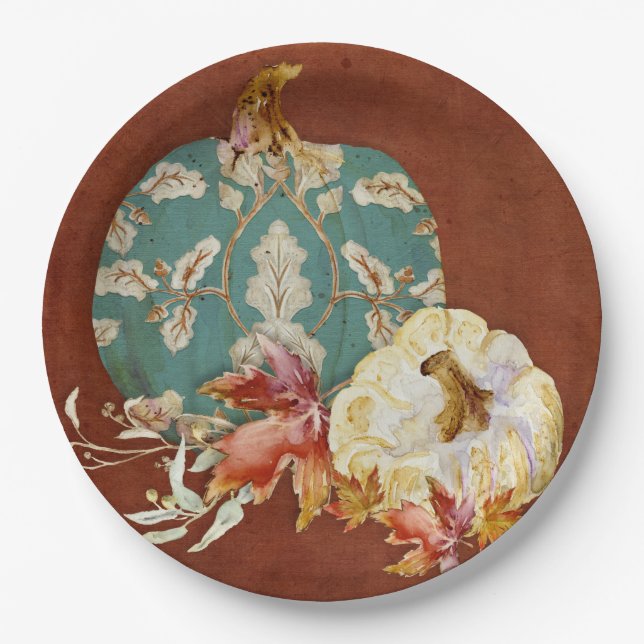 Fall Thanksgiving Pumpkin Scroll Pattern Leaf Art Paper Plate (Front)