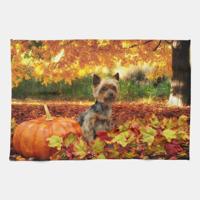 Fall Thanksgiving - Tucker - Yorkie Tea Towel (Horizontal)