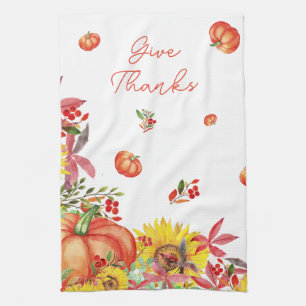 Fall Thanksgiving Watercolor Pumpkin Tea Towel