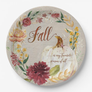 Fall Thanksgiving White Pumpkin Floral Wreath Paper Plate